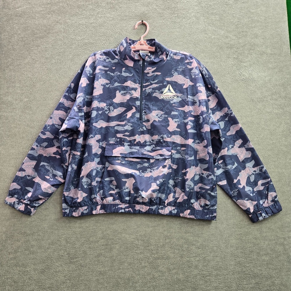 Reebok Women Jacket Blue Camo Windbreaker Long Sleeve Logo Y2K READ